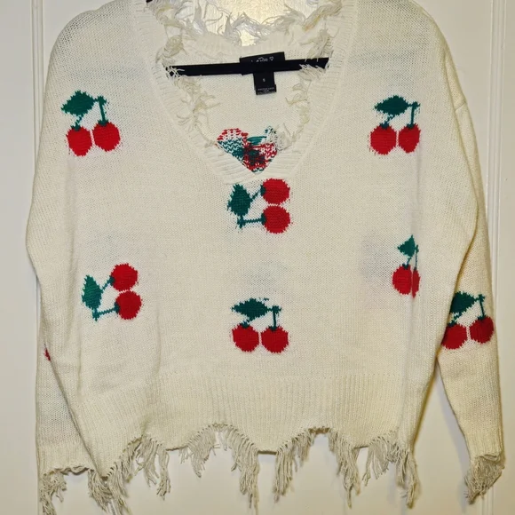 Just Polly Cherry Patterned Frayed Hem Sweater - Picture 1 of 4